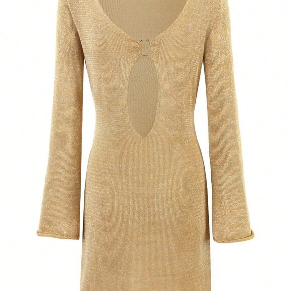 Khaki Women's Sexy Metallic Ring Hollow Deep V-Neck Knit Wrap Knit Mini Dress - Picture 6 of 8